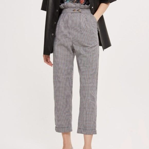 Topshop houndstooth paperbag pleated trouser ankle pants, tapered leg size 8 - Picture 2 of 14